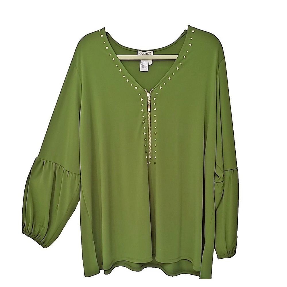 Carmen Marc Valvo Womens Top 3X Green Studded Zip Bell Sleeve Stretch Blouse - Picture 6 of 9